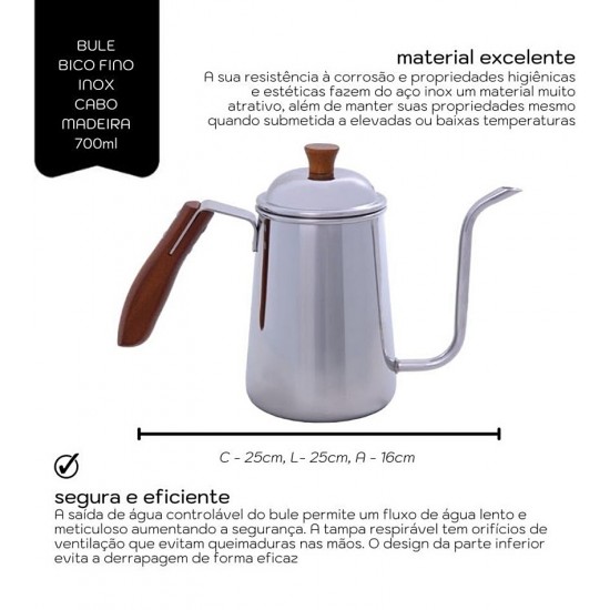 Bule Bico Fino 700ML Inox Cabo Madeira Mimo Style